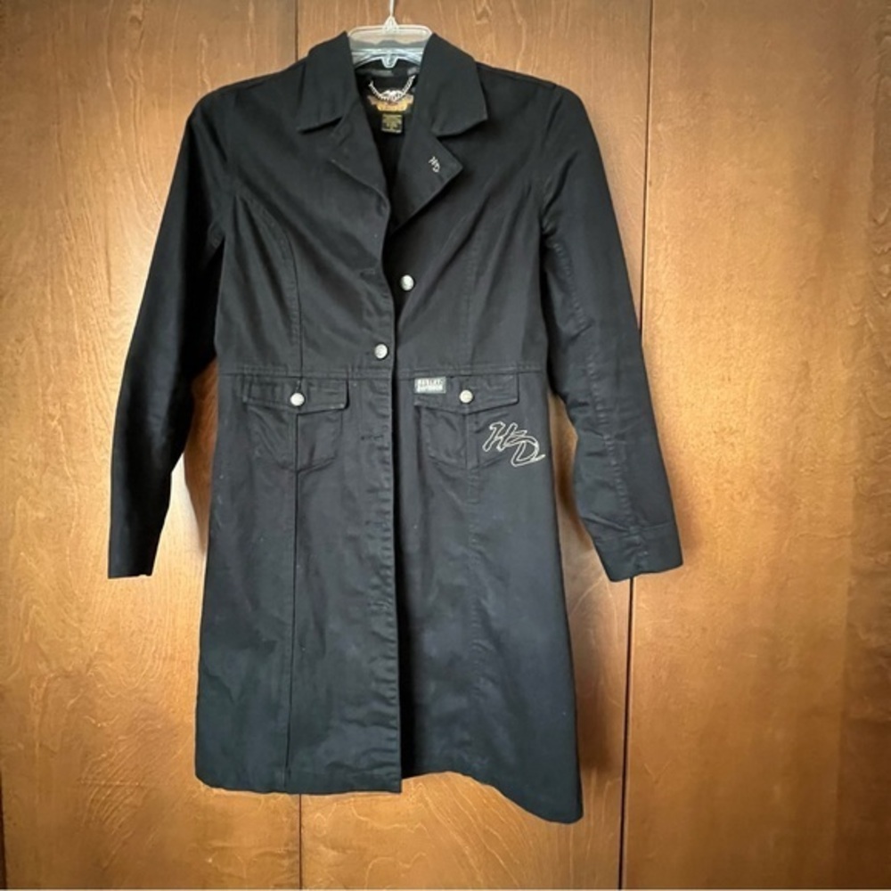Harley Davidson Black Cotton Canvas Jean Trench Coat EUC Sz Small Crisp n’ Clean